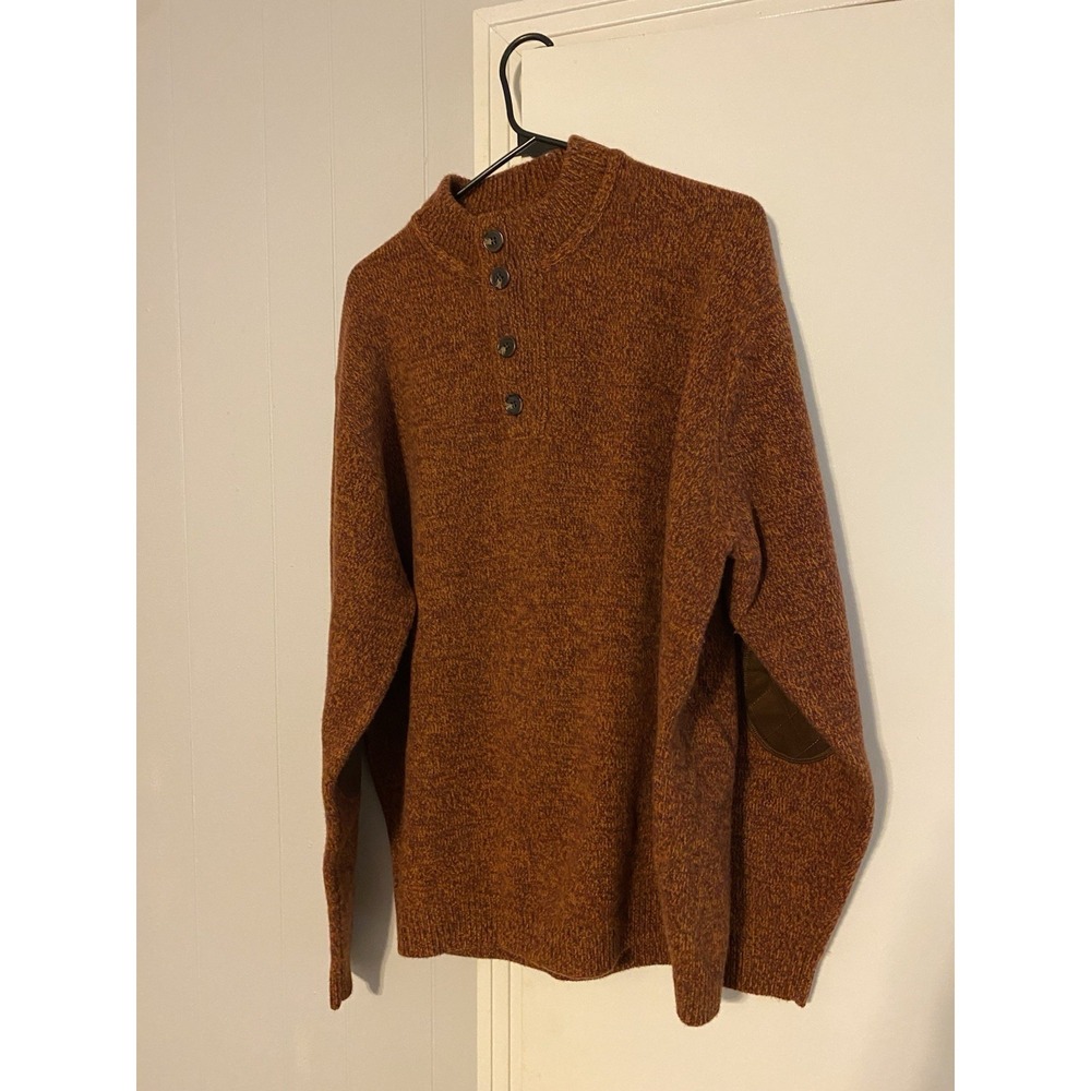 Men's Sweater XL Brick Burnt Orange Merino Wool Quarter Zip Button Elbow Patches